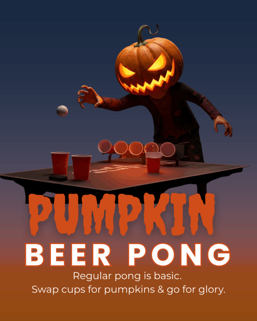 Halloween pumpkin beer pong game setup with jack-o-lantern character throwing ping pong ball at red cups on table for adult party
