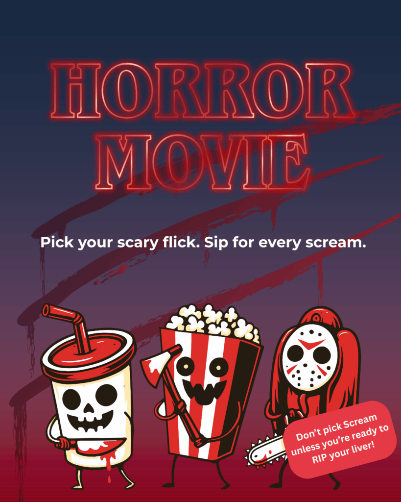 Horror movie drinking game graphic with cute cartoon characters including soda cup, popcorn, and hockey mask character with red and dark purple background