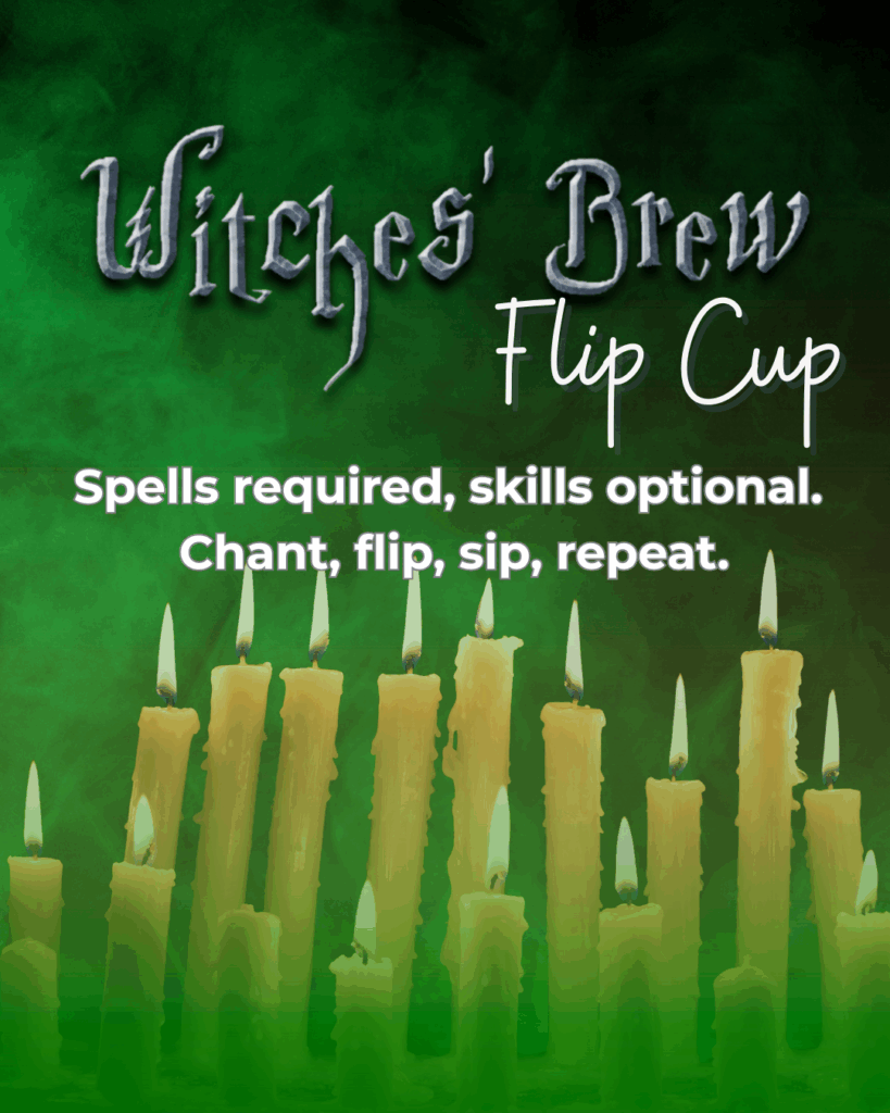 Witches brew flip cup Halloween drinking game with green glowing candles and gothic text on mystical background for adult party