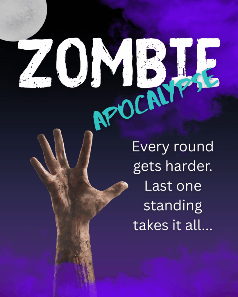 Zombie apocalypse drinking game with undead hand reaching up against purple moon background for active Halloween party game