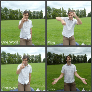 Man demonstrating Charades game rules with hand signals for one word, film, and final word in four panels