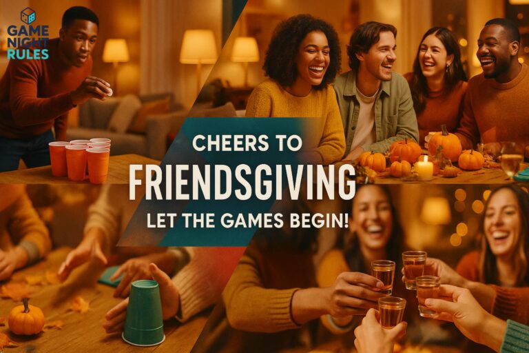 Diverse group of friends playing drinking games at Friendsgiving party with orange cups, pumpkins, and fall decorations in warm cozy living room
