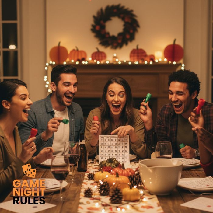 Joyful friends playing bingo with daubers at a Friendsgiving party, someone pointing excitedly, drinks on table, fall decorations, candid happy moment