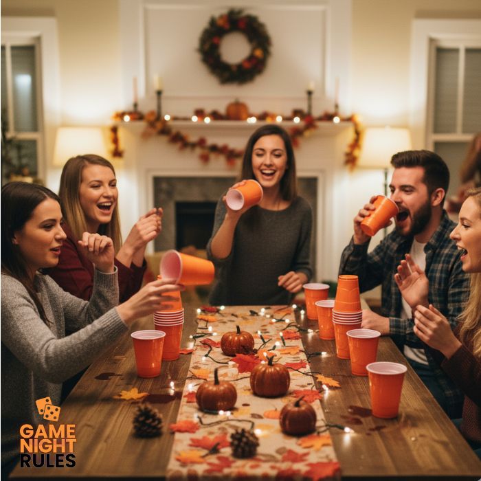 Young adults actively playing flip cup at a lively Friendsgiving party, standing around a table with orange cups and fall decorations, cheering and laughing during a dynamic game.