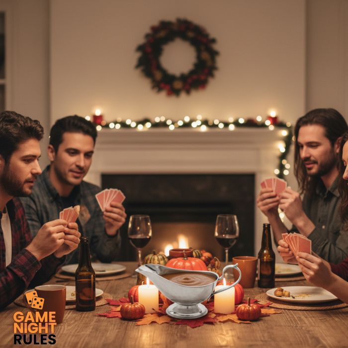 Friends playing cards with drinks and a gravy boat centerpiece at a Thanksgiving gathering, featuring engaged expressions, warm lighting, and festive fall decorations.