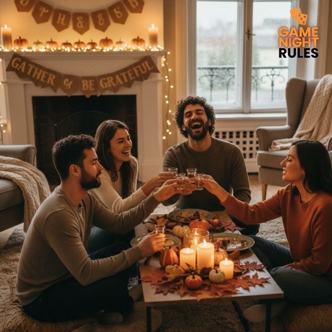 Friends playing Thanksgiving gratitude drinking game with shots and laughter in a cozy, decorated living room.
