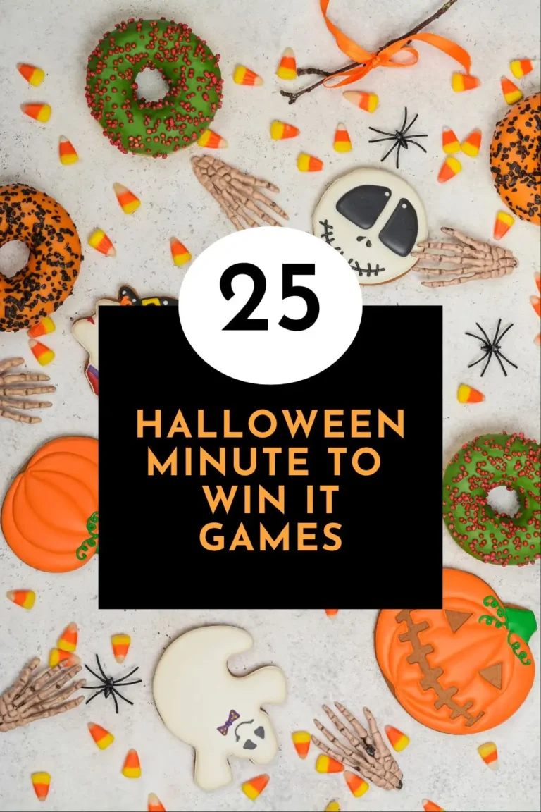 Halloween minute to win it games supplies including pumpkins, candy corn, plastic cups, and party decorations arranged on table